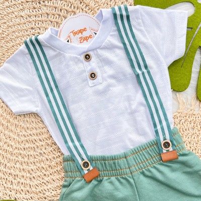 Conj. Camiseta e Bermuda com Suspensório - Branco e Verde 